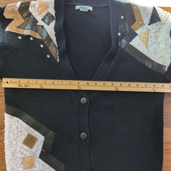 Jamie Scott Vintage Black Women Sweater Cardigan faux leather Rhinestones 90s - Picture 8 of 15